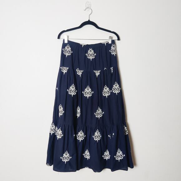 NVLT Embroidered Tiered Cotton Maxi Peasant Skirt Navy Blue Fleur de Lis Small - Picture 2 of 13